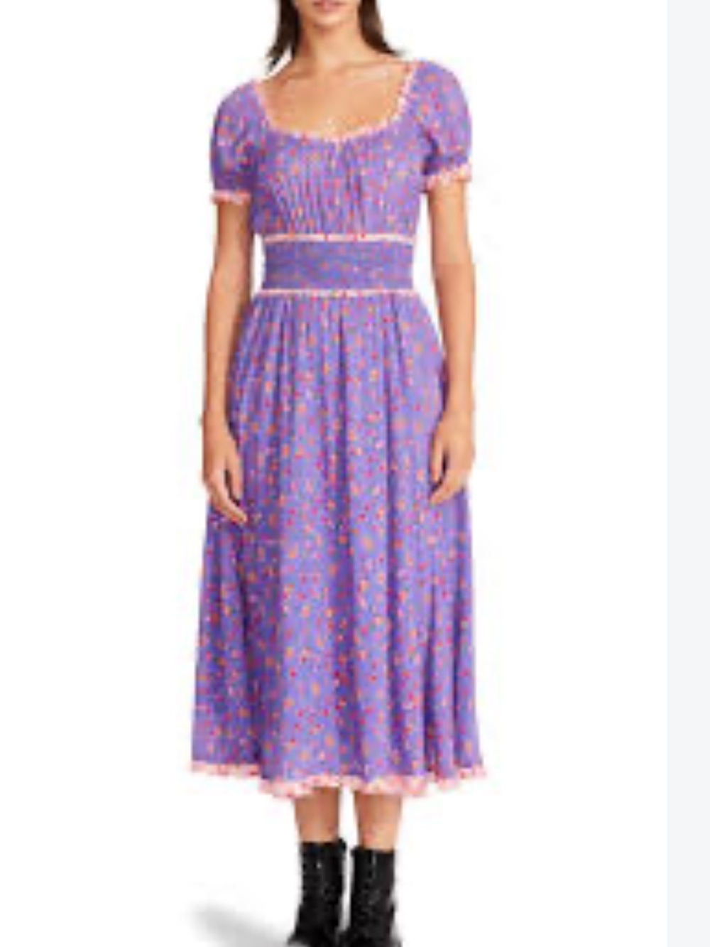 NWT Betsey Johnson Purple Floral Midi Dress with Pink Trim